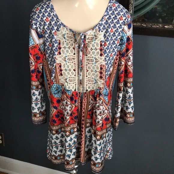 one world floral print lace/tie bodice boho top, S - Picture 1 of 5